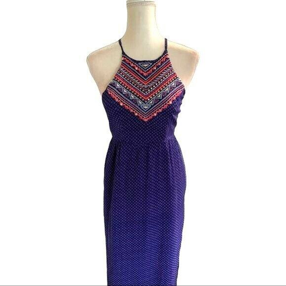 american eagle embroidered Halter Long dress with splip sz 2 backless bohemian - Picture 5 of 12